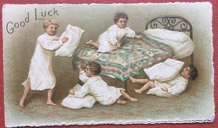 Item #H1179 Embossed chromolithographed Christmas card: 1880s pajama and pillow tossing party (boys). N/a.