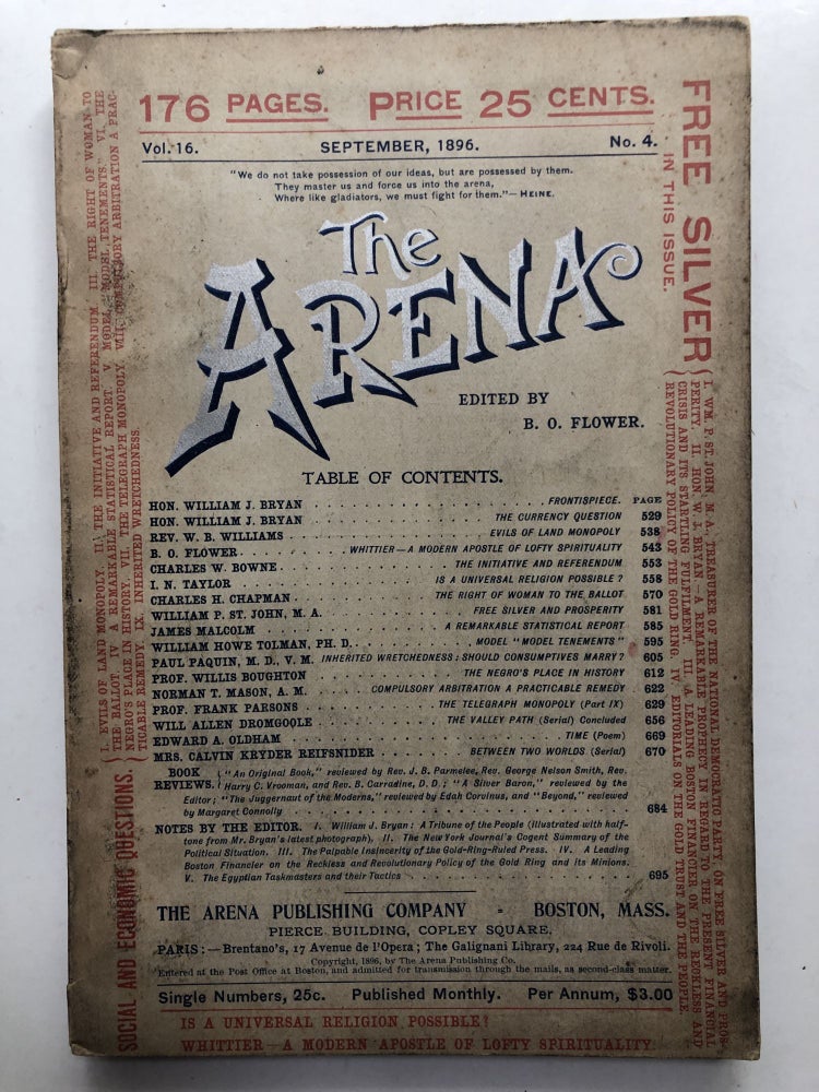 Item #H11978 The Arena, September 1896. Benjamin O. Flower, Paul Paquin, ed. William Jennings Bryan.