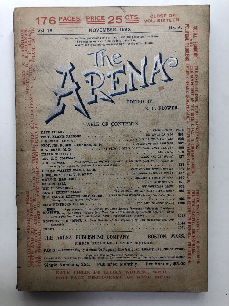 Item #H11980 The Arena, November 1896. Benjamin O. Flower, Frank Parsons, ed. Lilian Whiting.