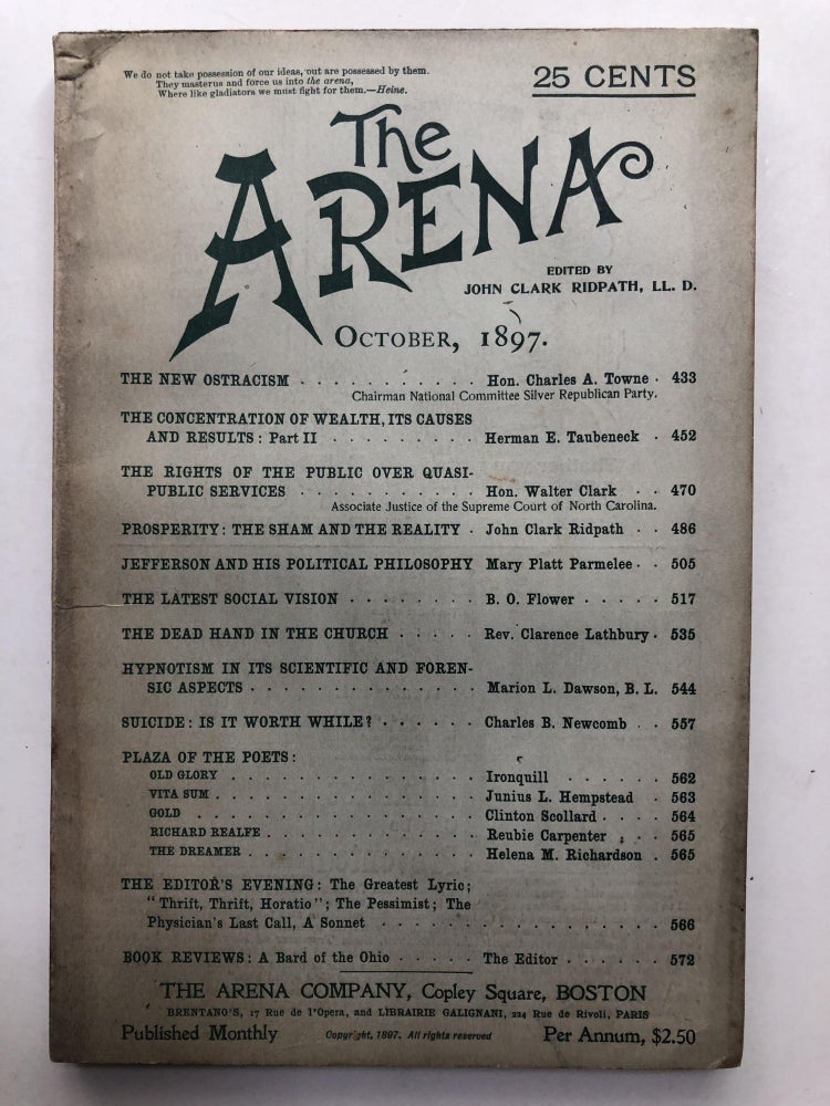 Item #H11997 The Arena, October 1897. John Clark Ridpath, B. O. Flower, ed. Charles A. Towne.
