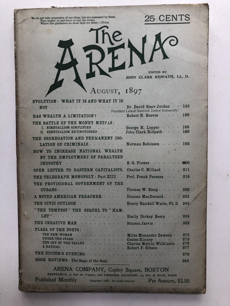 Item #H11999 The Arena, August 1897. John Clark Ridpath, David Starr Jordan, ed. B. O. Flower.