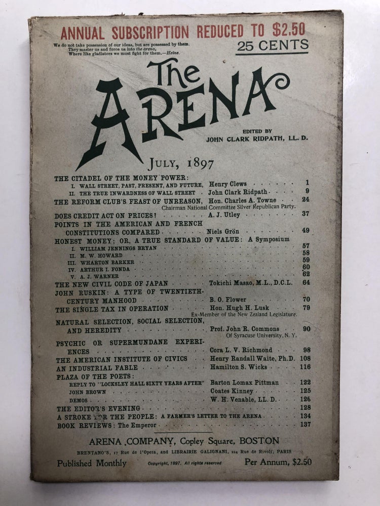 Item #H12000 The Arena, July 1897. John Clark Ridpath, B. O. Flower, ed. John R. Commons.