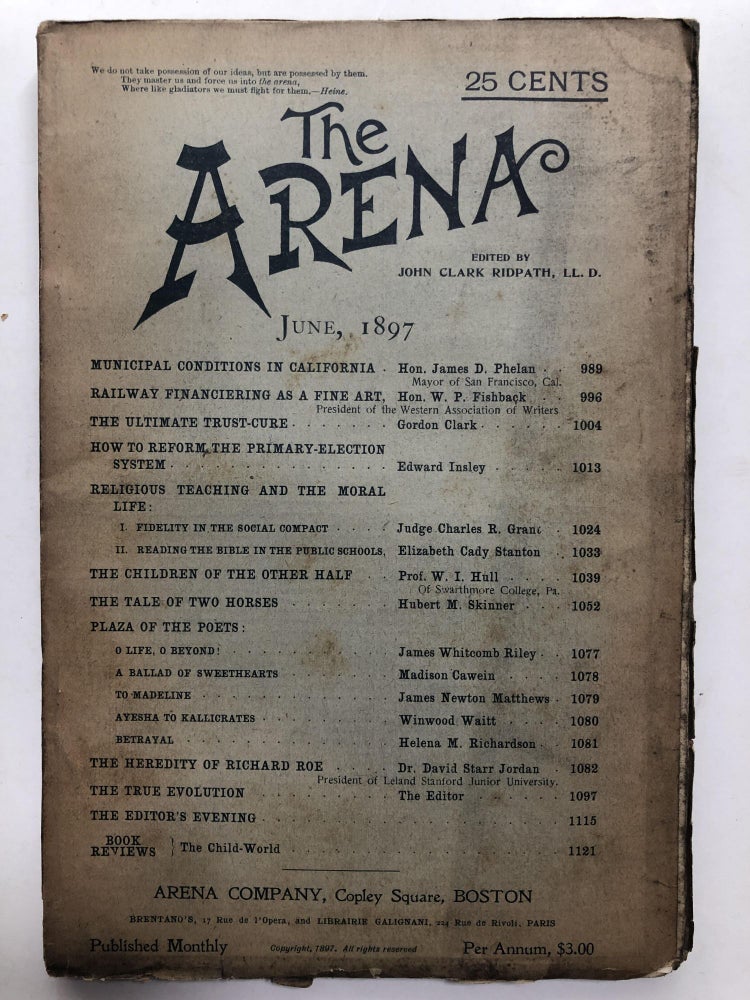 Item #H12001 The Arena, June 1897. John Clark Ridpath, James Whitcomb Riley, ed. Elizabeth Cady Stanton.