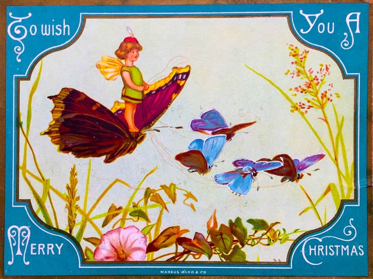 Item #H1204 Christmas Card: To Wish You a Merry Christmas, showing a sprite or pixie riding a butterfly. Kate Greenaway.