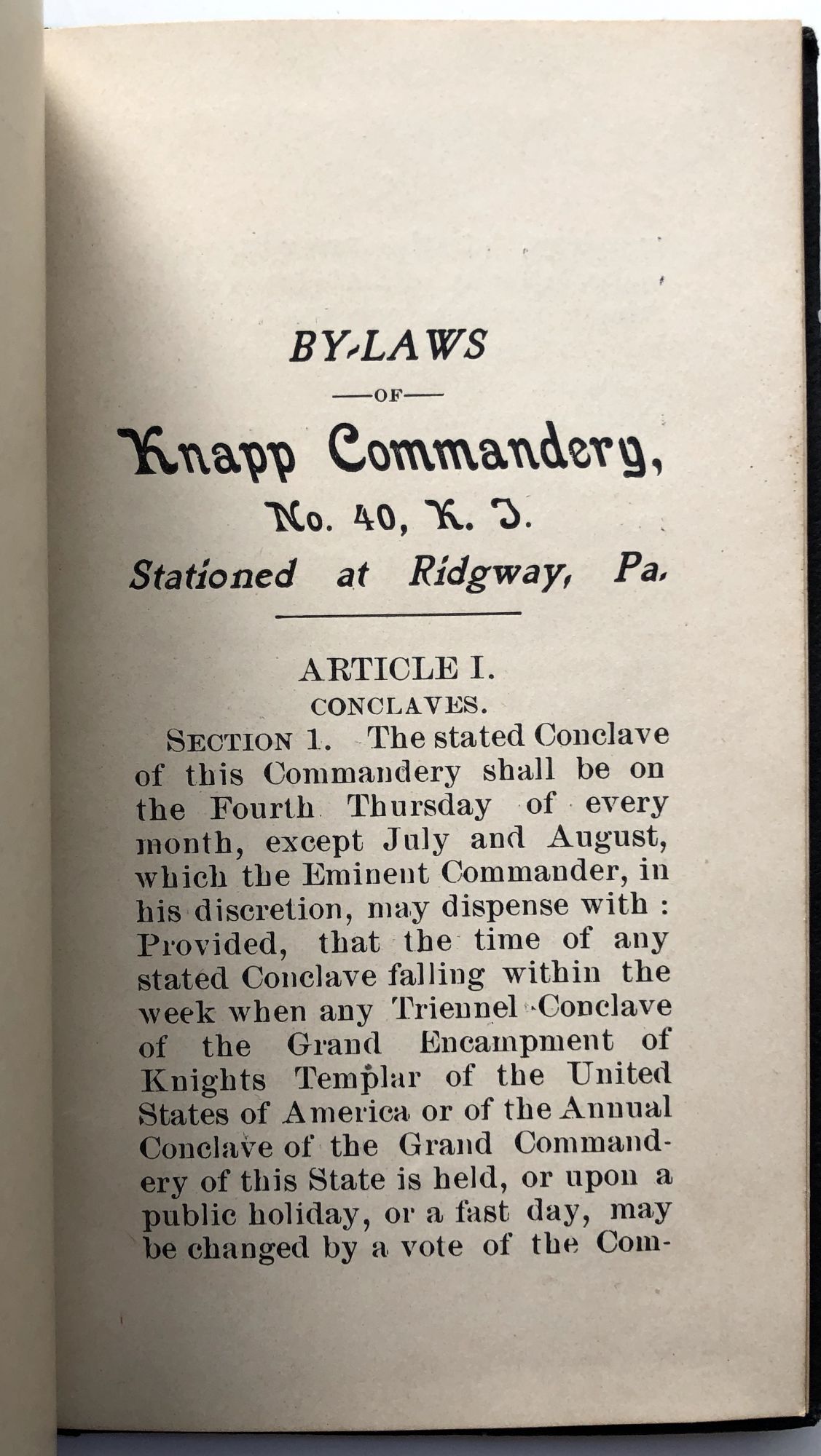 By-Laws of Knapp Commandery No. 40, K. T. Stationed at Ridgway, PA 1898 ...
