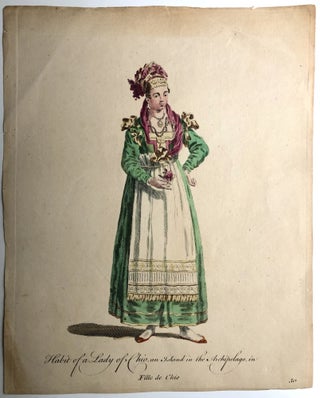 3 colored plates from "A Collection of the Dresses of Different Nations" (1757): Habit of a Lady of Chio, Habit of a Nobel Matron of Rome in 1581, Habit of the Duke of Venice in 1581