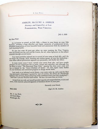 Proceedings of [a] Testimonial Dinner given to A. Leo Weil on his Seventieth Birthday, Westmoreland Country Club, Verona PA, July 18, 1928