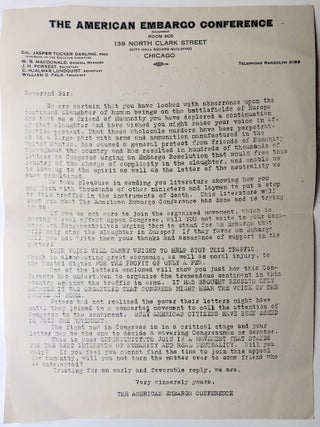 Item #H13060 Circular from 1916 issued by the American Embargo Conference, calling on US citizens...