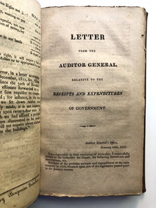 Bound volume of PA Auditor General Reports, etc., 1810-1817: Report of the Finances of the Commonwealth of Pennsylvania for the year 1810 (Lanc. 1810); 1811 Report; 1816 Report, 1817 Report; Report of the Auditor General [of all incorporated companies or other associations], 1817; Report of the Secretary of the Commonwealth of The names of all the persons holding offices...to which salaries or emoluments are attached...(Harrisburg, 1817); Proposals for Building a State Capitol, Read in Senate, January 6, 1817