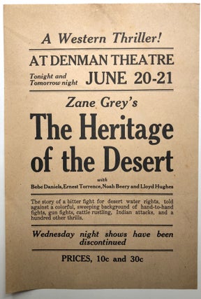 Item #H13345 1924 Flyer for Zane Grey's "The Heritage of the Desert" movie at Denman Theatre,...