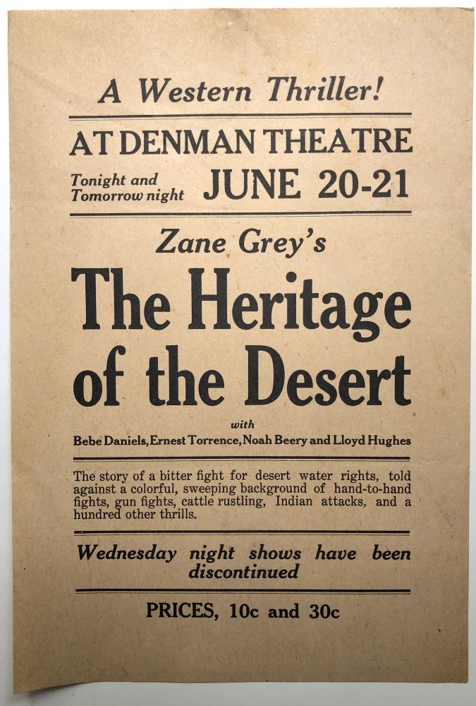 Item #H13345 1924 Flyer for Zane Grey's "The Heritage of the Desert" movie at Denman Theatre, Girard, PA. PA - Erie County.
