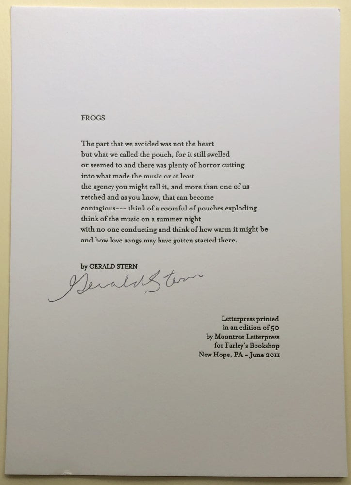 Item #H13569 "Frogs" - letterpress small broadside, one of 50 - signed. Gerald Stern.