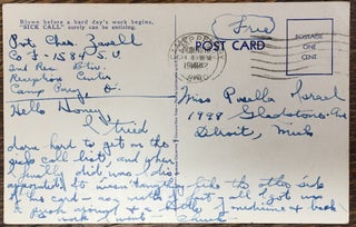 Postcard: "Sick Call" from the Reveille Post Cards "Bugle Call" series 1942 -- postmarked 1942 with message from boot camp