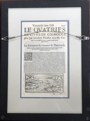 Ca. 1550 "De la Situation de Danemarch" framed colored map of Denmark from the Cosmographia