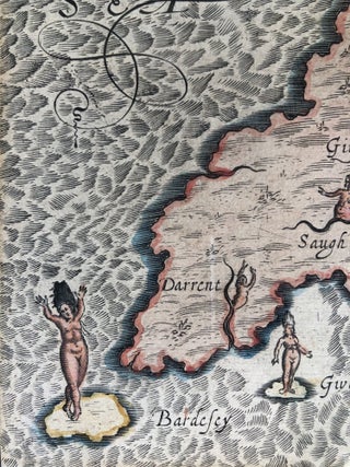 1612 allegorical map from Poly-Olbion: Carnarvanshire, Merionetshire, the Isle of Anglesey, Wales (1612)