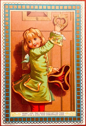 Item #H1428 Page Boy Set No. 1 - Card 2 - Page boy in green at door knocker. Kate Greenaway