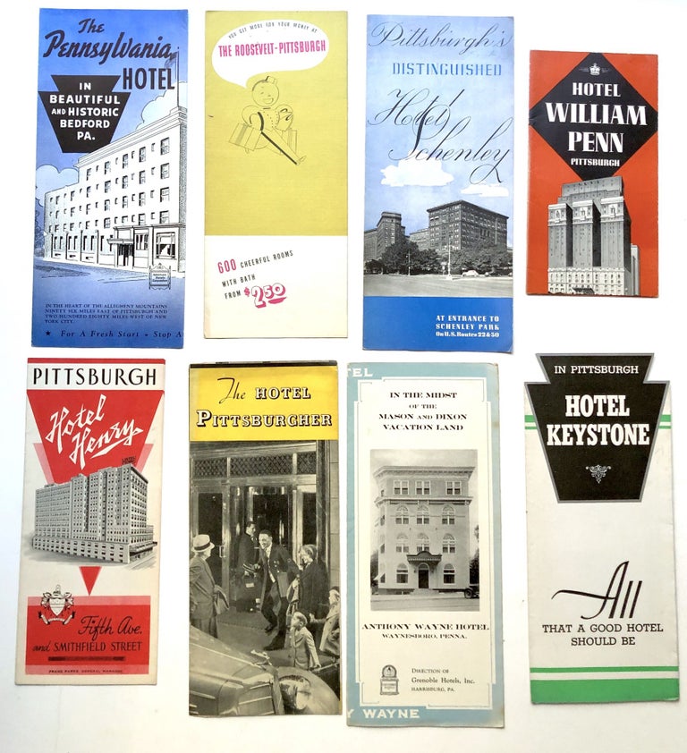 Item #H14310 Group of 13 1930s-40s Pennsylvania hotel brochures and maps, mainly western PA: William Penn, Schenley, Roosevelt, Hotel Henry, Pittsburgher, Anthony Wayne Hotel, Hotel Keystone, Fort Bedford inn, Pennsylvania Hotel Bedford, etc.