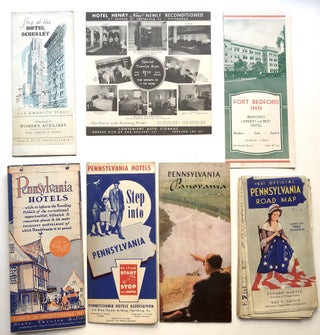 Group of 13 1930s-40s Pennsylvania hotel brochures and maps, mainly western PA: William Penn, Schenley, Roosevelt, Hotel Henry, Pittsburgher, Anthony Wayne Hotel, Hotel Keystone, Fort Bedford inn, Pennsylvania Hotel Bedford, etc.