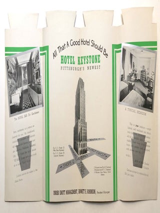 Group of 13 1930s-40s Pennsylvania hotel brochures and maps, mainly western PA: William Penn, Schenley, Roosevelt, Hotel Henry, Pittsburgher, Anthony Wayne Hotel, Hotel Keystone, Fort Bedford inn, Pennsylvania Hotel Bedford, etc.