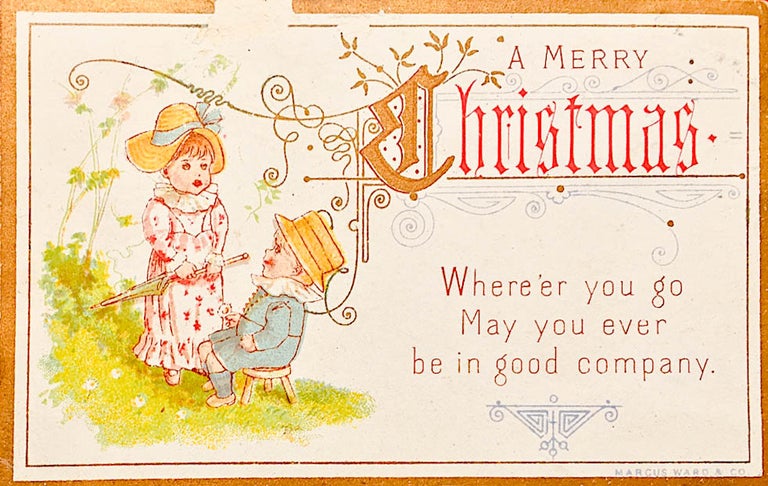 Item #H1442 Merry Christmas card - Young girl standing, in pink and white dress, holding closed umbrella, and a young boy seated, in a blue suit. Kate Greenaway.