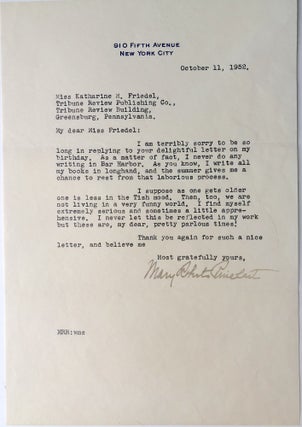 Item #H14584 Typed letter, signed, 1952, discussing her writing habits, etc. Mary Roberts Rinehart