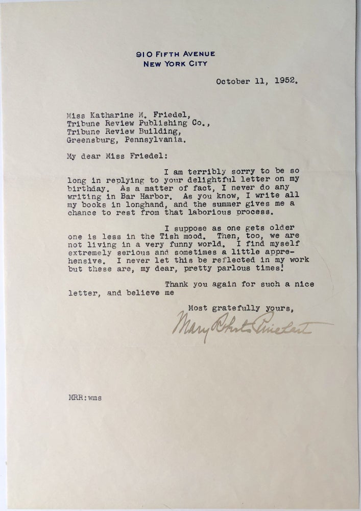 Item #H14584 Typed letter, signed, 1952, discussing her writing habits, etc. Mary Roberts Rinehart.