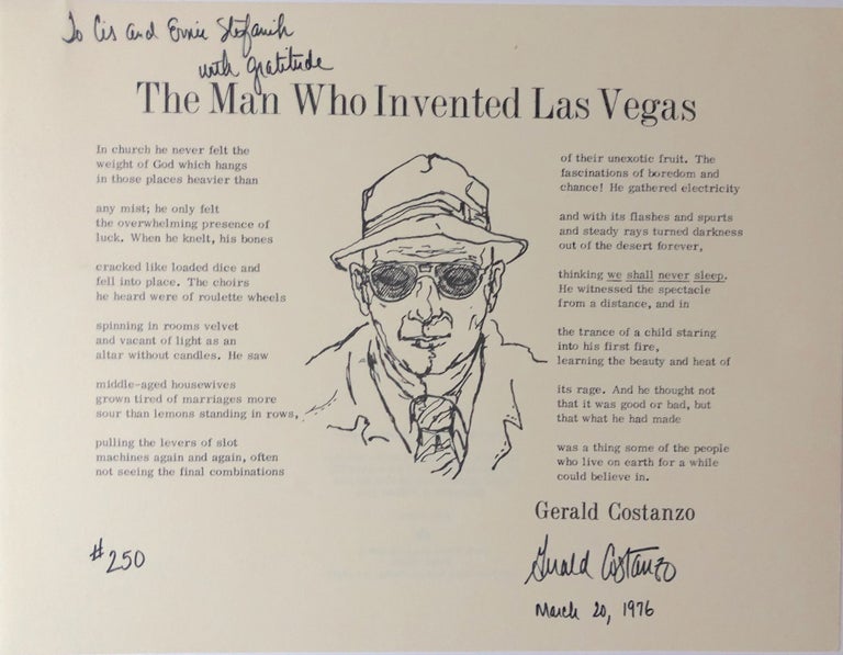 Item #H15035 "The Man Who Invented Las Vegas" broadside poem signed & limited - inscribed to publisher. Gerald Costanzo.