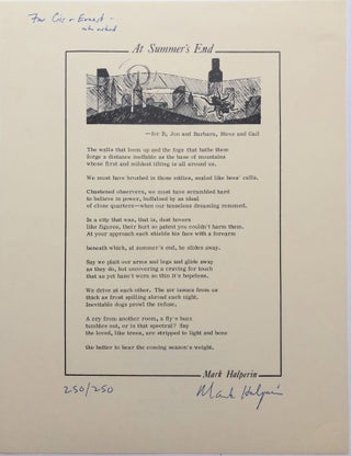 Item #H15036 "At Summer's End" broadside poem signed & limited - inscribed to publisher. Mark...
