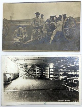 10 military postcards mainly Real Photo, WWI & before, European & American, including Denver 1906 officer & nurses (?), RPPC of generals, 1909 RPPC regiment in Buffalo, Co. C Squad "Indoor Contest" with names on rear, 12 inch mortar night attack, RPPC from Battalion "B" 1st PA, heading for New Mexico, RPPC of of guys handling a big gun on wheels, 1919 RPPC of troop bunks