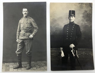 10 military postcards, mainly Real Photo, WWI & before, European & American, battalions, officers: R. A. M. C. (New Army) Record Office Staff; Polish officer; Sitting young officer, note in Slavic (we think), RPPC of an officer, Sarajevo; Officer in full military regalia, Rome; Portrait of an Italian officer, signed on the back Frederici Defrancesco; Battalion outside on a hill (Czech), 1913 RPPC of a German gunnery battalion