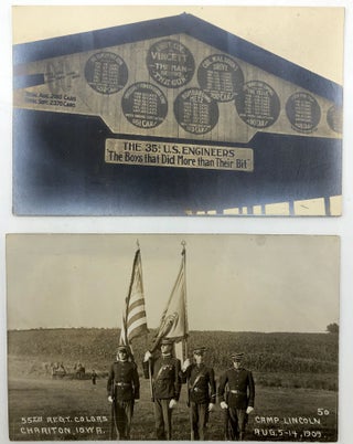 10 military postcards, mainly Real Photo, WWI & before, European & American: Photo from Pittsburgh of officer on horse with trumpet; 2 Vatican guards; 1909 RPPC 55th Reg. Colors, Chariton IA at Camp Lincoln; Side of a roof of 35th US Engineers; RPPC of officer & 3 ladies outside a tent; RPPC of an officer in Prague; RPPC of unidentified officer with handsome cleft chin; officer on horse Stockholm 1910; RPPC of a battalion from Stuttgart; RPPC of unidentified French general