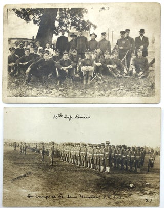 10 military postcards, mainly Real Photo, WWI & before, European & American: 2 guys at Carlisle PA; Group of six possibly French military police; 10th Infantry Review, Houston TX; Officer and child in front of tent - Penn. Crossed Swords, 1st Battalion, 5th Reg't.; RPPC of large group of servicemen looking pretty battle worn; RPPC of three officers and two women; RPPC 9 members of a German "Werft Division"; RPPC of military parade, etc.