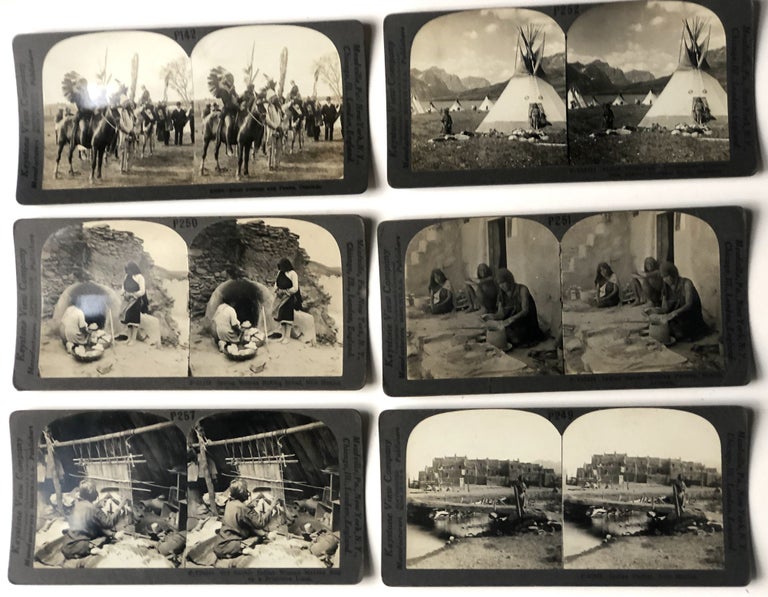 Item #H15335 6 stereoviews of Native Americans ca. 1890s-1900s: Indian Pueblo in New Mexico; Indian Squaw Making Pottery in Oraibi AZ; Indian Village on a Government Reservation in Glacier National Park; Old Navajo Indian Woman Making Rug on a Primitive Loom; Indian Woman Making Bread, New Mexico; Sioux Indians and Ponies, Colorado. Keystone View Company.
