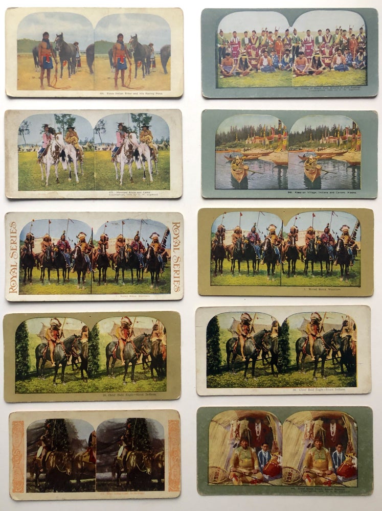 Item #H15336 10 ca. 1890s-1900s colorized stereoviews of Native Americans: Sioux Indian Rider and his Racing Pony; Group of Black Foot Braves in Full Feather; Mounted Sioux and Camp; Kae-an Village Alaska; Chief Bald Eagle - Sioux Indians (one with white background, one with gold); Noted Sioux Warriors (one with white background, one with gold); Chief Black Hawk & Squaw Papoose; Sioux Indian Chief, He-No-Fraid