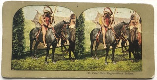 10 ca. 1890s-1900s colorized stereoviews of Native Americans: Sioux Indian Rider and his Racing Pony; Group of Black Foot Braves in Full Feather; Mounted Sioux and Camp; Kae-an Village Alaska; Chief Bald Eagle - Sioux Indians (one with white background, one with gold); Noted Sioux Warriors (one with white background, one with gold); Chief Black Hawk & Squaw Papoose; Sioux Indian Chief, He-No-Fraid