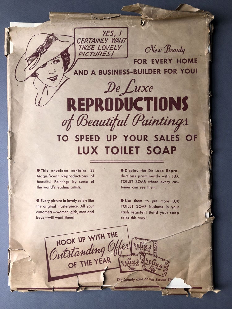 Item #H15856 Ca. 1930s large 16 x 12 envelope of 38 "De Luxe Reproductions of Beautiful Paintings to Speed Up Your Sales of Lux Toilet Soap" Lux Toilet Soap.
