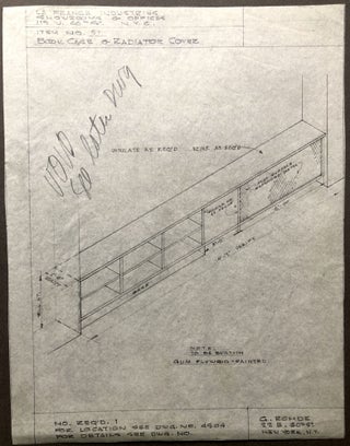 9 technical drawings from early 1940s of furniture for La France Industries on vellum bond translucent tracing paper: bookcase & radiator cover, shelves for bolt storage, display unit for upholstery supplies, cutting table, open shelves, special drawing table, mixing slab & shelves, counter branch sales, storage cabinet