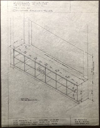 9 technical drawings from early 1940s of furniture for La France Industries on vellum bond translucent tracing paper: bookcase & radiator cover, shelves for bolt storage, display unit for upholstery supplies, cutting table, open shelves, special drawing table, mixing slab & shelves, counter branch sales, storage cabinet
