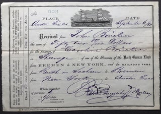 Item #H15972 1881 receipt from North German Lloyd steamers for Caroline Bruckner in Reuth,...