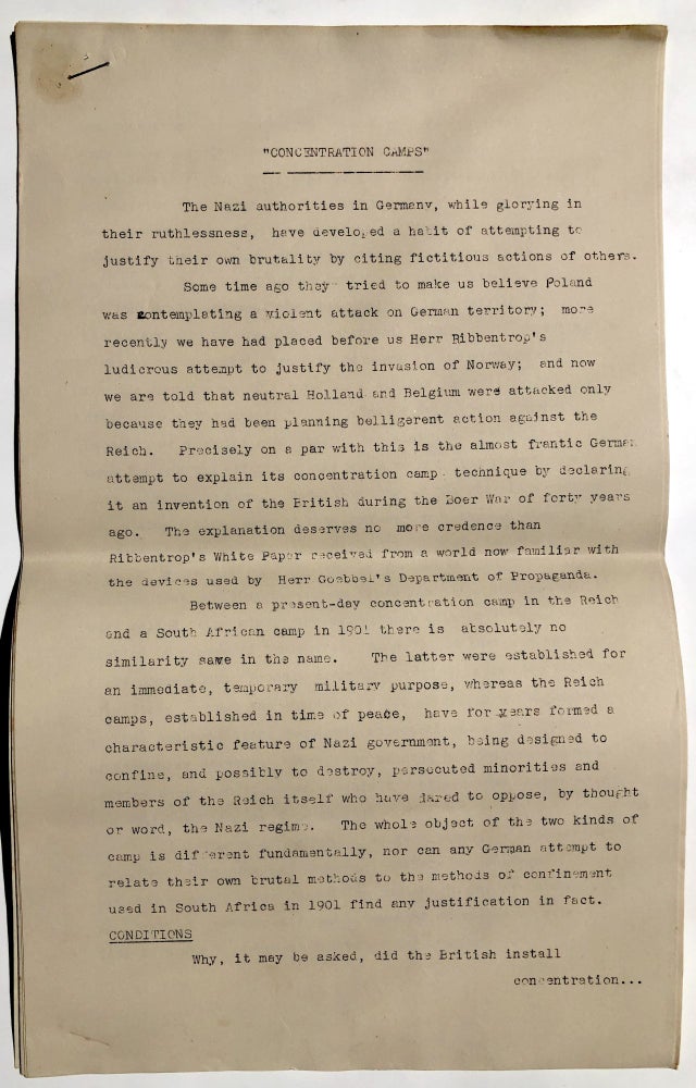 Item #H16533 "Concentration Camps" (published essay ca. 1940 refuting Ribbentrop's claim that Nazi concentration camps were based on the British model used in the Boer War). British Library of Information.