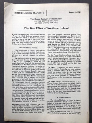 Item #H16594 The War Effort of Northern Ireland; British Library Leaflet No. 9, August 20, 1941....