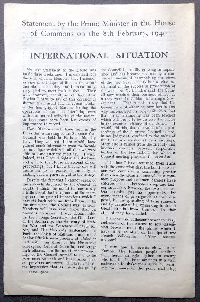 Item #H16599 International Situation: Statement by the Prime Minister in the House of Commons on the 8th of February 1940. Neville Chamberlain.