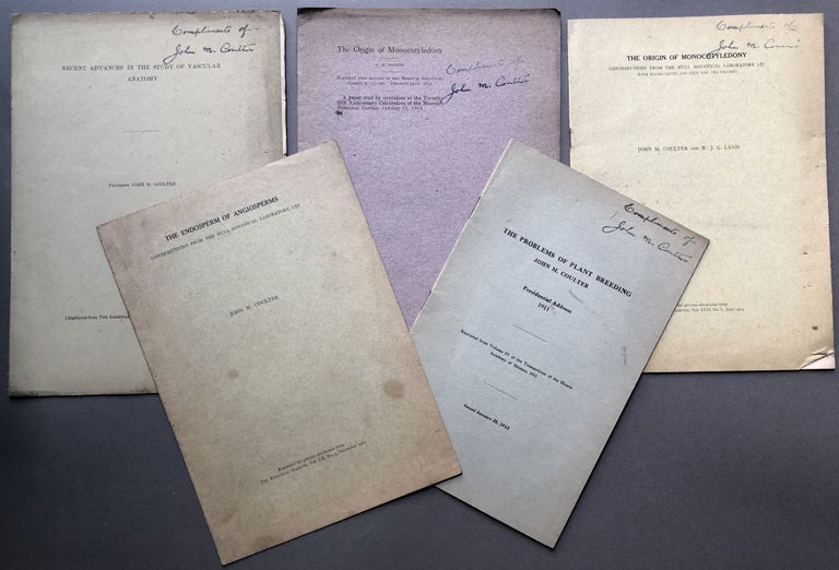 Item #H16896 6 offprints on botany 1904-1914: The Influence of the Teacher's Research Work upon his Teaching of Biology in the Secondary Schools (1904); Recent Advances in the Study of Vascular Anatomy (1909); The Endosperm of Angiosperms (1911); The Problems of Plant Breeding (1911); The Origin of Monocotyledony (with W. J. G. Land, 1914); The Origiin of Monocotyledony (1914, sole author). John M. Coulter.