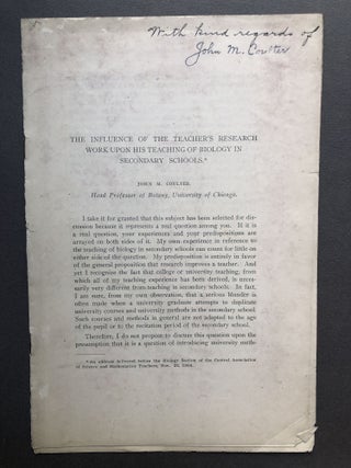 6 offprints on botany 1904-1914: The Influence of the Teacher's Research Work upon his Teaching of Biology in the Secondary Schools (1904); Recent Advances in the Study of Vascular Anatomy (1909); The Endosperm of Angiosperms (1911); The Problems of Plant Breeding (1911); The Origin of Monocotyledony (with W. J. G. Land, 1914); The Origiin of Monocotyledony (1914, sole author)