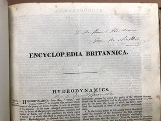 Large bound volume of inscribed works by David Brewster: "Curiosities in Science" (article from Edinburgh Encyclopaedia, inscribed by author), "Mechanics" (likewise inscribed), "Hydrodynamics" (from Encyclopaedia Britannica, also inscribed), "Electricity" (from the Britannica, also inscribed), "Magnetism" (from the Britannica, also inscribed)