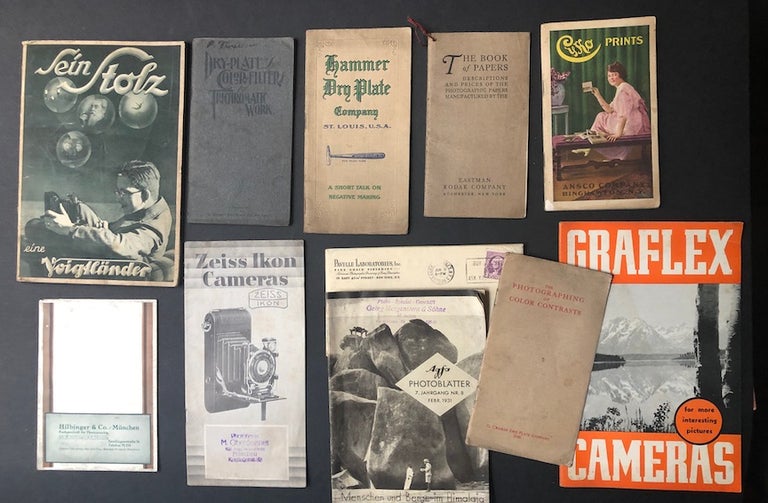 Item #H19338 Group of 37 German and American photography brochures, pamphlets, catalogs, instruction manuals, etc. for camera, lenses, film and darkroom products, 1910s-1930s, plus large handful of leaflets, flyers, brochures and advertising. Leica Agfa, Schneider, R. J. Fitzsimmons, George Murphy, Welta, Kodak, Voigtlander-Inos, G. Cramer Dry Plate Co., Rolleiflex, Hammer Dry Plate Co., Ansco, Zeiss, Contax, Leitz.