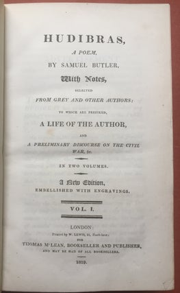 Hudibras, a Poem (2 volumes, 1819, finely bound, colored aquatint plates) - With notes selected from Grey and other authors, to which are prefixed a Life of the Author, and a Preliminary Discourse on the Civil War &c. A New Edition Embellished with Engravings