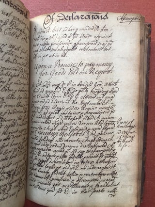Handwritten transcription, ca. 1700, of Instructor Clericalis: The Second Part. Being a Collection Of most Choice and Usual Presidents for Declarations Both in the Kings Bench and Common Pleas: In Actions of Case, Actions upon Statute, Covenant, Debt, detinue, ejectment, quare impedit, replevin, trespass, trover and waste, methodically digested into rule and president: for the further instruction of young clerks. The second part.