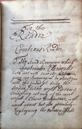 Handwritten transcription, ca. 1700, of Instructor Clericalis: The Second Part. Being a Collection Of most Choice and Usual Presidents for Declarations Both in the Kings Bench and Common Pleas: In Actions of Case, Actions upon Statute, Covenant, Debt, detinue, ejectment, quare impedit, replevin, trespass, trover and waste, methodically digested into rule and president: for the further instruction of young clerks. The second part.