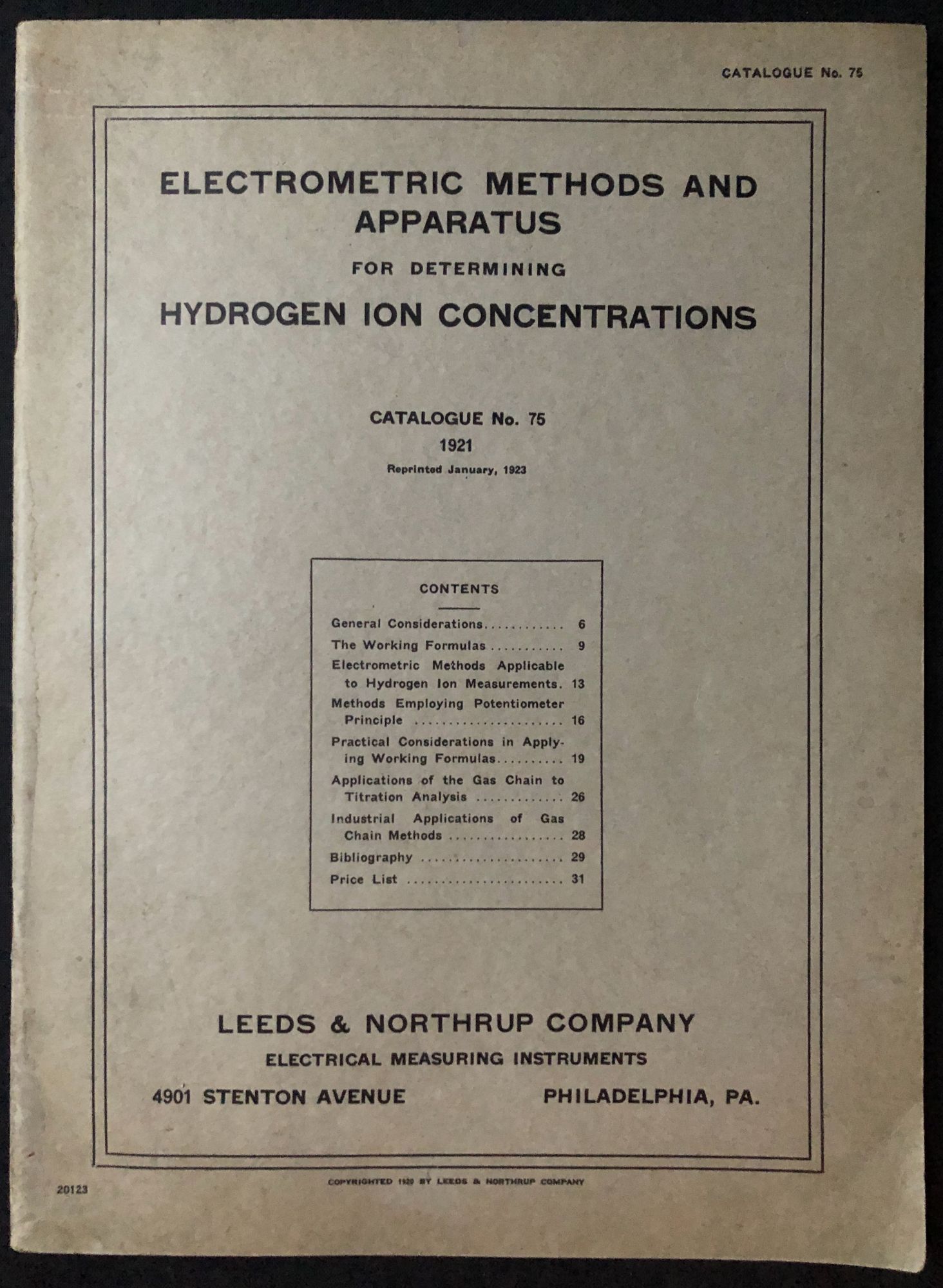 Catalogue no. 75 1923 : Electrometric Methods and Apparatus for
